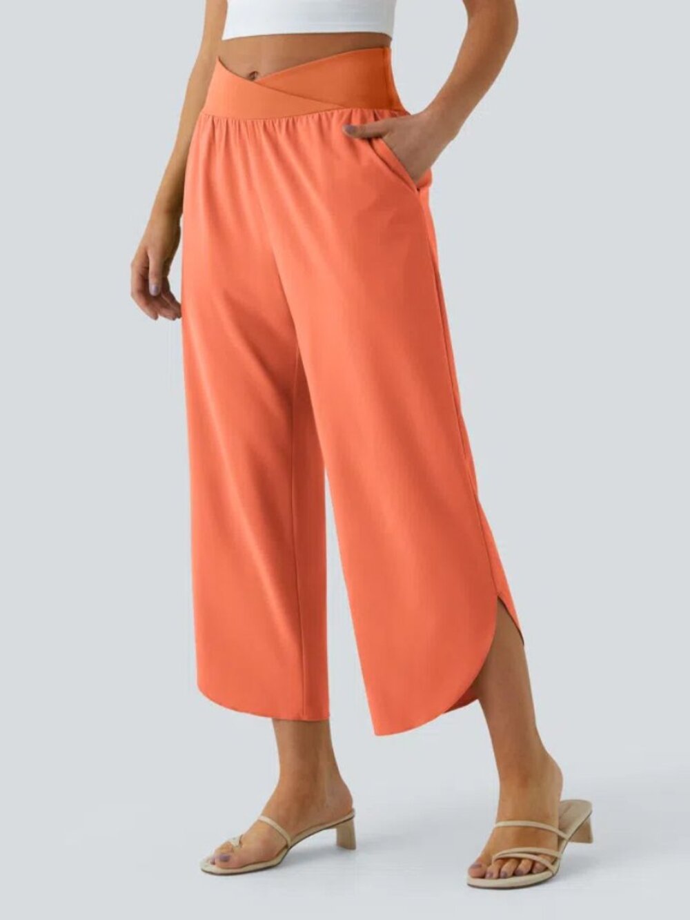Halara Breezeful™ Crossover Wide Leg Cropped Pants Quick Dry Coral Orange L